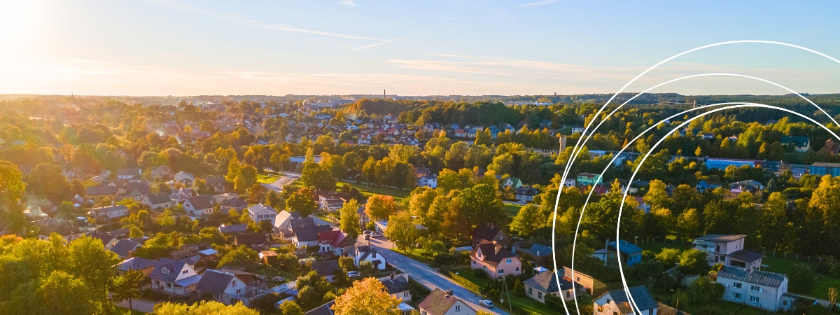 Aerial view of a growing rural Ontario community representing sustainable housing development supported by Rainmaker and Miranda Water Technologies’ Miracell RBC Ultra system.